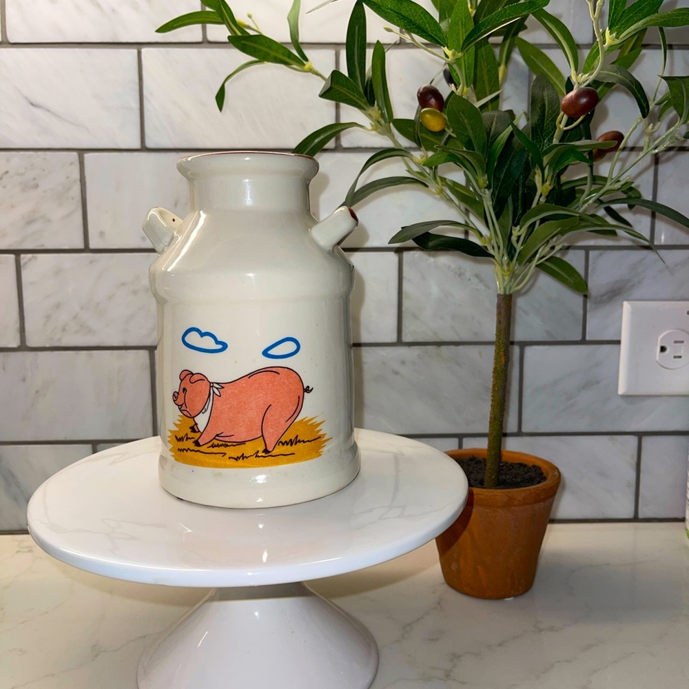 Vintage Ceramic Pig Milk Canister-Container-Jug-Utensil Holder w/ Milk on back